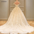 2018 Bridal Dresses Patterns Amazing Appliqued Lace Off Shoulder Fancy Champagne Wedding Dress with long Train 100cm